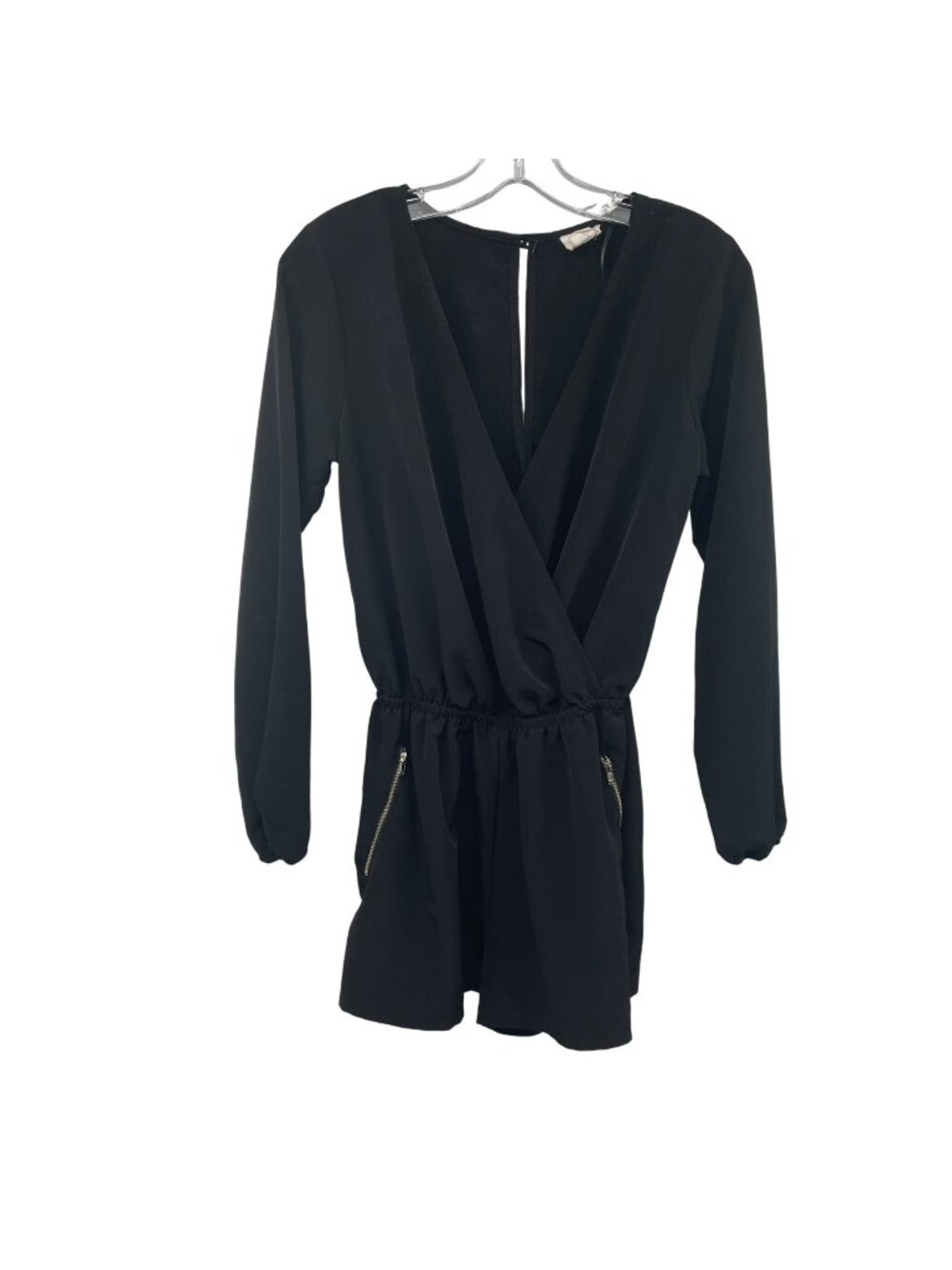 One Clothing Womens Black Romper Long Sleeve V-Neck Zip Pockets Size Small